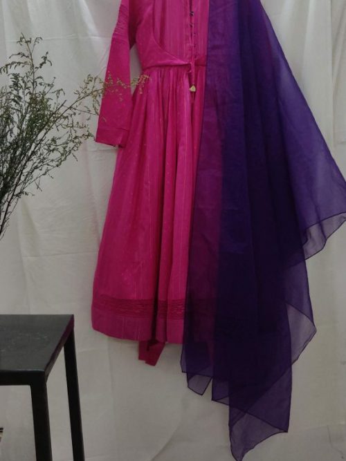 FUCHSIA PANEL ANARKALI AND ANKLE LOOPED PANTS WITH PLUM ORGANZA DUPATTA
